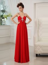 Most Popular Red Chiffon Zipper V-neck Sleeveless Floor Length Prom Party Dress Beading and Ruching
