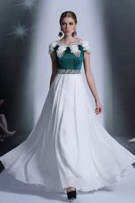 White Evening Dress Prom and Party and For with Appliques Scoop Cap Sleeves Zipper