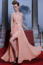 Pink Empire Beading and Appliques Prom Evening Gown Clasp Handle Chiffon Sleeveless Floor Length