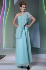 Exceptional Column/Sheath Dress for Prom Light Blue One Shoulder Chiffon Cap Sleeves Ankle Length Side Zipper