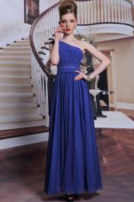 Adorable Royal Blue One Shoulder Neckline Beading and Pleated Sleeveless Side Zipper