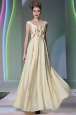 High Quality Scoop Light Yellow Cap Sleeves Chiffon Side Zipper Prom Party Dress for Prom and Party