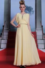 Scoop Sleeveless Chiffon Floor Length Side Zipper Prom Evening Gown in Light Yellow for with Beading