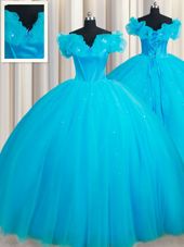 Enchanting Off The Shoulder Sleeveless 15th Birthday Dress Court Train Hand Made Flower Baby Blue Tulle