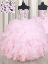 Affordable Sweetheart Sleeveless Lace Up Sweet 16 Dress Baby Pink Organza