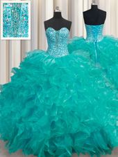 Custom Designed Turquoise Ball Gowns Organza Sweetheart Sleeveless Beading and Ruffles Floor Length Lace Up Sweet 16 Dress
