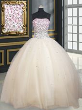 Luxury Sleeveless Floor Length Beading Lace Up Vestidos de Quinceanera with Champagne