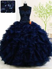 Most Popular Straps Straps Navy Blue Sleeveless Beading and Ruffles Floor Length Ball Gown Prom Dress