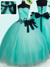 Wonderful Turquoise Tulle Lace Up Sweetheart Sleeveless Floor Length Quinceanera Gown Beading and Bowknot