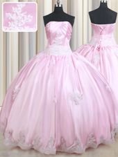 High End Taffeta Strapless Sleeveless Lace Up Appliques Quince Ball Gowns in Baby Pink