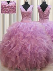 Comfortable Lilac Sleeveless Organza Lace Up Ball Gown Prom Dress for Military Ball and Sweet 16 and Quinceanera