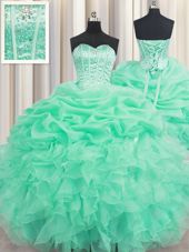 Extravagant Sweetheart Sleeveless Sweet 16 Dresses Floor Length Beading and Ruffles and Pick Ups Apple Green Organza