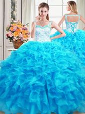Sexy Floor Length Baby Blue Quince Ball Gowns Straps Sleeveless Lace Up