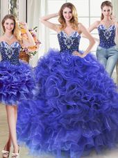 Three Piece Royal Blue Sweetheart Neckline Beading and Ruffles 15th Birthday Dress Sleeveless Lace Up