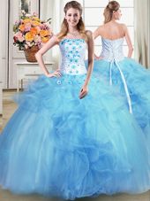 Strapless Sleeveless Lace Up Sweet 16 Dresses Light Blue Tulle
