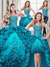 Graceful Four Piece Pick Ups Floor Length Ball Gowns Sleeveless Teal Quince Ball Gowns Lace Up