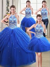 Enchanting Four Piece Halter Top Sleeveless Lace Up Floor Length Beading and Pick Ups Ball Gown Prom Dress