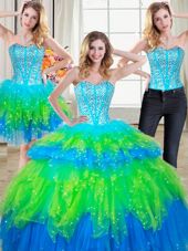 Three Piece Sleeveless Floor Length Beading and Ruffled Layers Lace Up 15 Quinceanera Dress with Multi-color