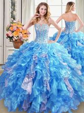 Baby Blue Lace Up Sweetheart Beading and Ruffles and Sequins 15th Birthday Dress Organza Sleeveless