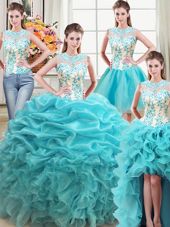 Beauteous Four Piece Scoop Floor Length Lace Up Quince Ball Gowns Aqua Blue and In for Military Ball and Sweet 16 and Quinceanera with Beading and Ruffles