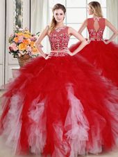 Stunning Scoop Sleeveless Zipper Sweet 16 Quinceanera Dress White and Red Tulle