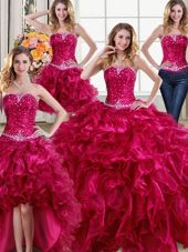 Four Piece Floor Length Lace Up Sweet 16 Dress Fuchsia and In for Military Ball and Sweet 16 and Quinceanera with Beading and Ruffles