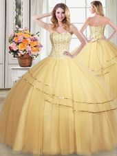 Gold Ball Gowns Sweetheart Sleeveless Tulle Floor Length Lace Up Beading and Sequins Quince Ball Gowns
