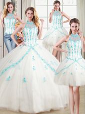 Four Piece Halter Top Sleeveless Ball Gown Prom Dress Floor Length Beading and Appliques White Tulle