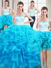 Four Piece Baby Blue Organza Lace Up Straps Sleeveless Floor Length Ball Gown Prom Dress Beading and Ruffles
