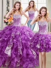 Chic Three Piece Sweetheart Sleeveless Quince Ball Gowns Floor Length Beading and Ruffles and Sequins Purple Organza