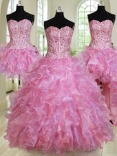 Four Piece Multi-color Lace Up Sweetheart Beading and Ruffles Quince Ball Gowns Organza Sleeveless