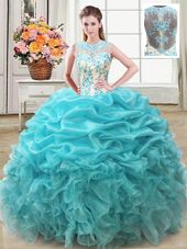 Scoop Aqua Blue Sleeveless Organza Lace Up Sweet 16 Dresses for Military Ball and Sweet 16 and Quinceanera