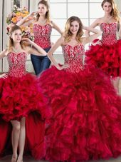 Four Piece Red Sleeveless Organza Brush Train Lace Up Vestidos de Quinceanera for Military Ball and Sweet 16 and Quinceanera