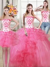 Three Piece Hot Pink Strapless Lace Up Beading and Appliques and Ruffles Sweet 16 Dresses Sleeveless