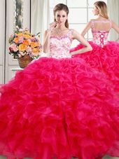 Straps Straps Sleeveless Organza Floor Length Lace Up Quinceanera Gowns in Hot Pink for with Beading and Ruffles