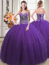 Exceptional Floor Length Lace Up Quinceanera Dresses Purple and In for Military Ball and Sweet 16 and Quinceanera with Beading