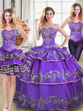 Three Piece Ruffled Ball Gowns Ball Gown Prom Dress Eggplant Purple Sweetheart Taffeta Sleeveless Floor Length Lace Up