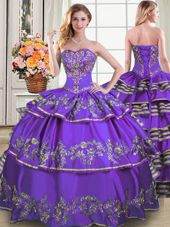 Floor Length Eggplant Purple Ball Gown Prom Dress Taffeta Sleeveless Beading and Embroidery and Ruffled Layers