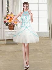 Top Selling See Through Ball Gowns Party Dress Wholesale White Halter Top Tulle Sleeveless Mini Length Lace Up