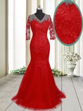 With Train Mermaid Half Sleeves Red Evening Dress Brush Train Clasp Handle