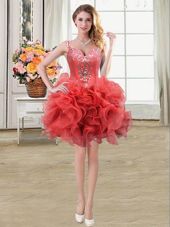 On Sale Coral Red Lace Up Straps Beading and Ruffles Club Wear Organza Sleeveless