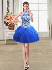 Fine Halter Top Mini Length Royal Blue Pageant Dress Toddler Tulle Sleeveless Beading and Pick Ups