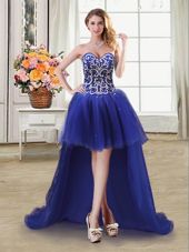 High Class Royal Blue Ball Gowns Tulle Sweetheart Sleeveless Beading and Sequins High Low Lace Up Club Wear