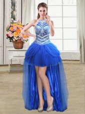 Chic Pick Ups Ball Gowns Cocktail Dress Royal Blue Halter Top Tulle Sleeveless High Low Lace Up