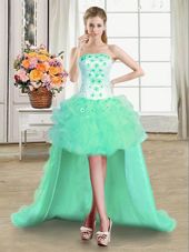 New Style Turquoise Ball Gowns Strapless Sleeveless Tulle High Low Lace Up Beading and Appliques and Ruffles Cocktail Dresses