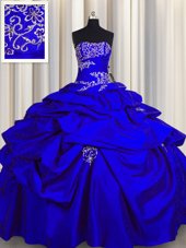 Trendy Royal Blue Taffeta Lace Up Strapless Sleeveless Floor Length Sweet 16 Dresses Appliques and Pick Ups