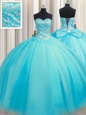 Puffy Skirt Floor Length Lace Up Sweet 16 Dress Baby Blue and In for Military Ball and Sweet 16 and Quinceanera with Beading