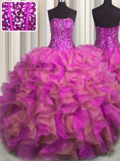 Glittering Leopard V-neck Sleeveless Quinceanera Dress Floor Length Beading and Ruffles Multi-color Organza