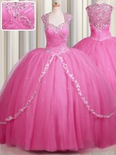 Zipper Up Brush Train Rose Pink Sweetheart Neckline Beading and Appliques Sweet 16 Dress Cap Sleeves Zipper