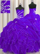 Purple Ball Gowns Beading and Appliques and Ruffles Vestidos de Quinceanera Lace Up Organza Sleeveless Floor Length